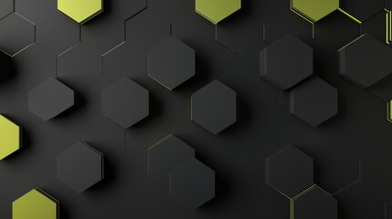 Fototapete - A pattern of black hexagons outlines a high-contrast design with glowing green edges, embodying a modern aesthetic and offering ample copy space on the right