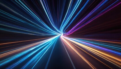 Poster - Speed Motion on a Neon Glowing Road at Night A Vivid Journey Through Blue Lights and Abstract Perspectives Capturing the Essence of Futuristic Travel