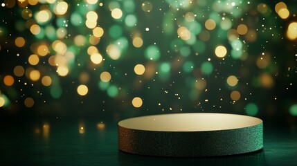 Poster - A floating podium is surrounded by a glowing emerald forest where soft snowflakes fall. Twinkling fairy lights and a golden glow enhance the enchanting atmosphere