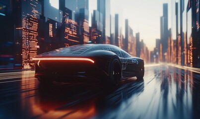 Poster - Futuristic car in a neon-lit cityscape at dusk.