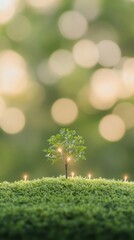 Canvas Print - Tranquil Eco-Friendly Setting Illuminated Sapling on Lush Greenery with Soft Bokeh Background