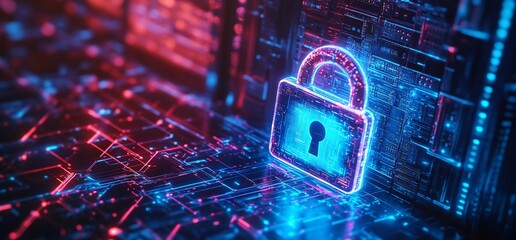 Poster - Digital lock symbolizing cybersecurity and data protection in a tech environment.