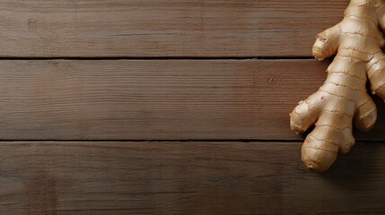 Poster - A ginger root rests gracefully on a wooden surface, showcasing its earthy tones and unique texture, illuminated by soft shadows and open space