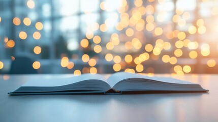 Poster - Open Book with Soft Bokeh Lights in Pastel Minimalist Setting