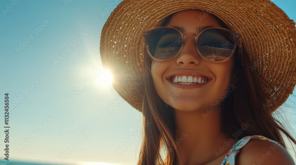 Photo Stock Smiling young woman wears oversized sunglasses and a straw ...