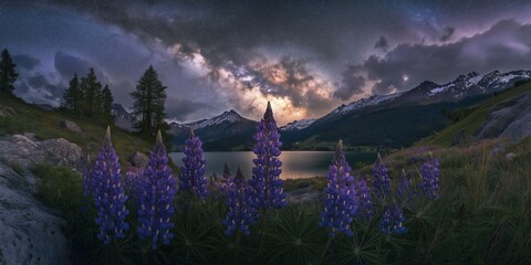 A beautiful landscape with a lake and purple flowers. The sky is dark and starry, creating a peaceful and serene atmosphere