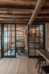 Canvas Print - Rustic Wooden Room With Glass Partitions And Dining Area