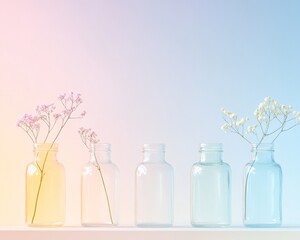 Poster - Minimalist Still Life of Glass Jars with Flowers on Pastel Gradient Background