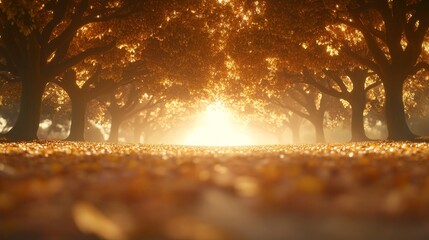 Poster - Vibrant golden hues create a cozy atmosphere along an alley lined with arching trees, inviting peaceful walks along a pathway covered in fallen leaves