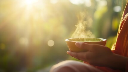 Poster - A person sits peacefully by a large window, savoring green tea in the morning light. The warm hue creates a calming atmosphere perfect for reflection