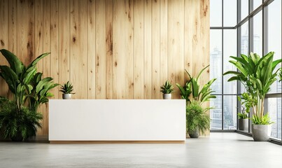 Poster - Modern reception area with wooden walls and greenery.