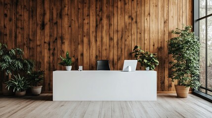 Poster - Modern reception area with wooden walls and indoor plants.
