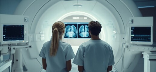Aufkleber - Two medical professionals observing lung X-rays in a modern imaging room.