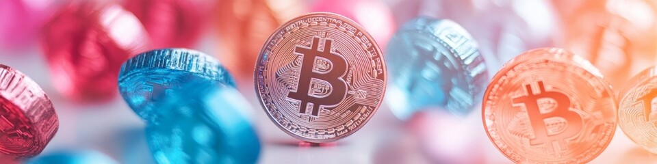 Aufkleber - Vibrant Crypto Coin Arrays Reflecting on Abstract Surfaces in Geometric Minimalism