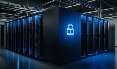 Poster - Server room with secure storage and illuminated lock symbol.