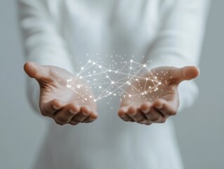 Poster - Hands Gesturing Above Digital Network Blockchain and Ethical Investing Concept in Minimalist Style