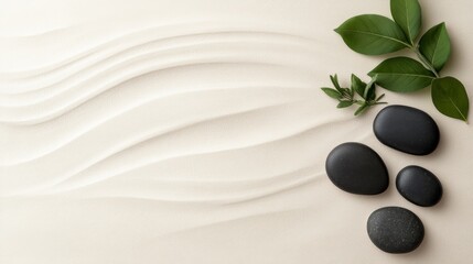 Aufkleber - A sage twig lays beside smooth pebbles on soft, rippled sand, creating a calming arrangement. Earthy tones enhance the peaceful ambiance while offering copy space