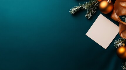 Leinwandbilder - A sophisticated Christmas card is elegantly arranged with golden ornaments and fir sprigs on a dark blue velvet background, perfect for high-end holiday celebrations