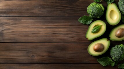 Aufkleber - Freshly arranged avocados and vibrant broccoli showcase their rich colors and textures on a wooden surface, enhanced by soft natural lighting with ample copy space