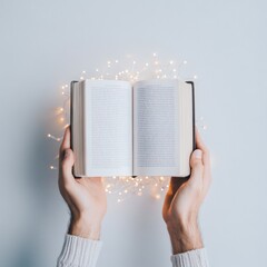 Poster - Hands Holding Open Book with Soft Festive Lights - Cozy Winter Reading Scene