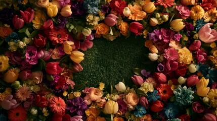 Fototapete - A colorful arrangement of spring flowers, featuring tulips and daisies, creates a joyful atmosphere against a gentle green background. Perfect for seasonal themes
