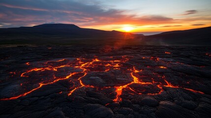 Poster - Streams of glowing lava pour into the ocean at sunset, illuminating the sky with warm colors and creating a breathtaking view on a remote island