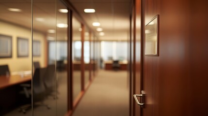 Poster - Long corridor leads to sleek meeting rooms featuring glass walls, subtle lighting, and a clean, professional atmosphere perfect for corporate activities
