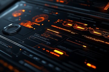 Poster - Futuristic HUD interface with orange glowing elements on a dark background.