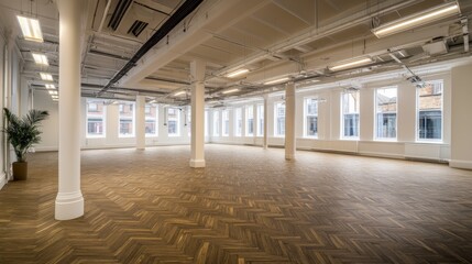 Aufkleber - Bright natural light fills a spacious white room with smooth wooden flooring, accentuating the tranquility created by a single potted plant in the corner