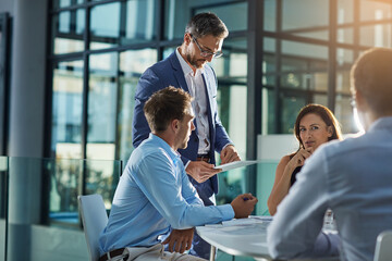 Poster - Discussion, tablet and project management director with report, collaboration and ideas. Documents, proposal and corporate business people with mentor, b2b planning and speaker for office meeting