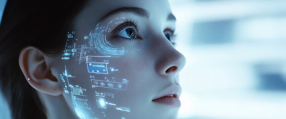 Aufkleber - A close-up of a face with digital data projected on it, symbolizing technology.