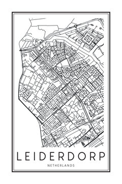 Printable downtown road map poster of the Dutch city of LEIDERDORP on solid white background with city name