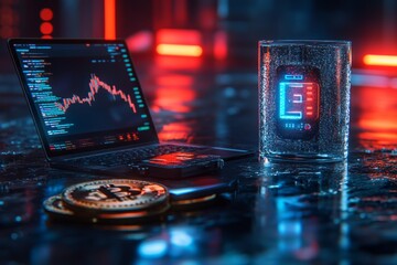 Poster - Futuristic Finance Bitcoin Wallet and Laptop in Neon Glow