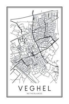 Printable downtown road map poster of the Dutch city of VEGHEL on solid white background with city name