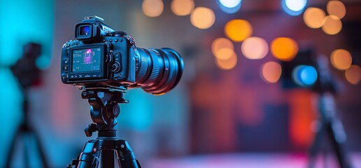 Poster - A camera on a tripod captures a colorful, blurred background.