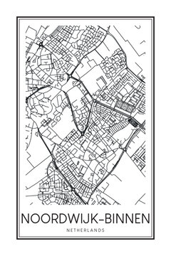 Printable downtown road map poster of the Dutch city of NOORDWIJK-BINNEN on solid white background with city name