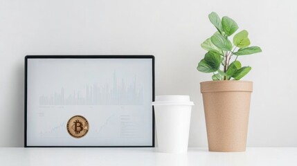 Aufkleber - Modern Home Office with Cryptocurrency Monitor and Coffee for Minimalist Work Environment