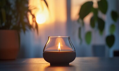 Aufkleber - A candle burns softly against a warm sunset backdrop.