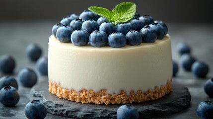 Wall Mural - Delicious and Creamy Blueberry Cheesecake Surrounded by Fresh Berries on a Dark Stone Surface for Dessert Enthusiasts and Food Lovers