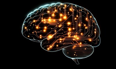 Aufkleber - A digital brain with circuitry and glowing connections, symbolizing technology.