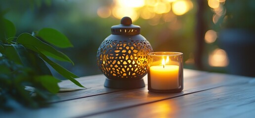 Aufkleber - A decorative lantern and candle create a warm, inviting atmosphere.