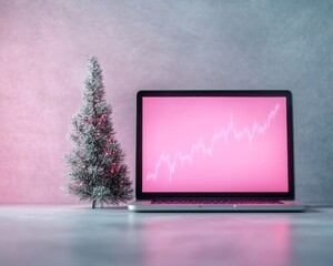Leinwandbilder - Modern Cryptocurrency Workspace with Neon Graph and Festive Decor