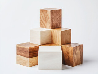 Poster - Artistic stacking of wooden blocks on white background minimalist layout creative display studio environment simplicity concept