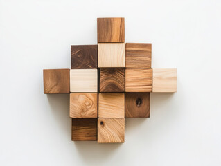 Poster - Artistic arrangement of wooden blocks minimalist studio still life photography clean white background aesthetic simplicity
