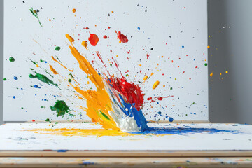Poster - Dynamic colorful paint splashing display art studio canvas artwork neutral backdrop artistic perspective playful expression