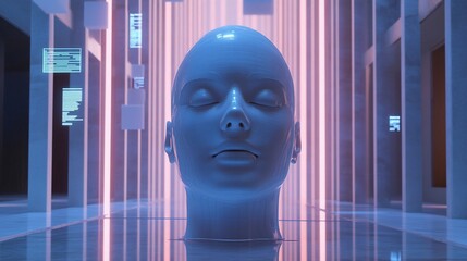 Poster - A futuristic, serene blue head sculpture surrounded by digital elements.