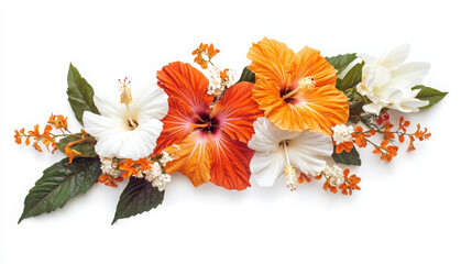 Poster - Showcasing tropical beauty hibiscus and orchids arrangement white background floral display refreshing summer vibes vibrant color palette