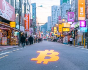 Poster - Urban South Korean Market with Holographic Bitcoin Symbol Highlighting Cryptocurrency Trends
