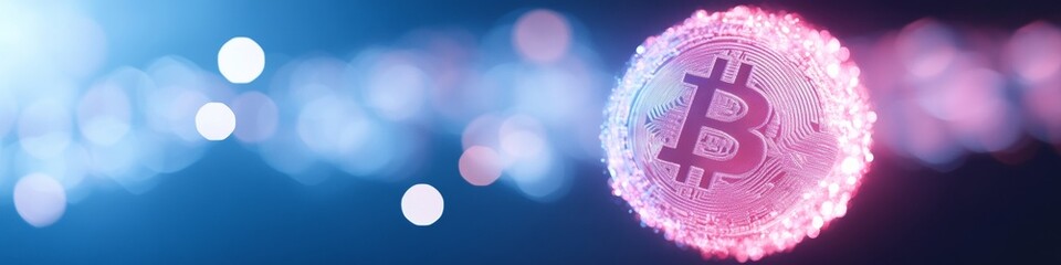 Poster - Neon Bitcoin Symbol Illuminating Against Dark Abstract Background