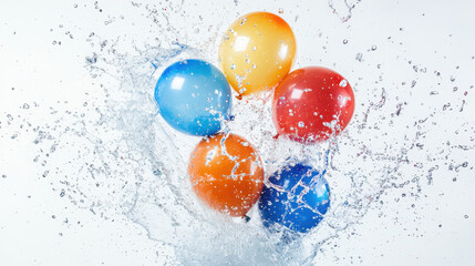 Poster - Balloons bursting with colored water studio photography white backdrop close-up whimsical explosion of color